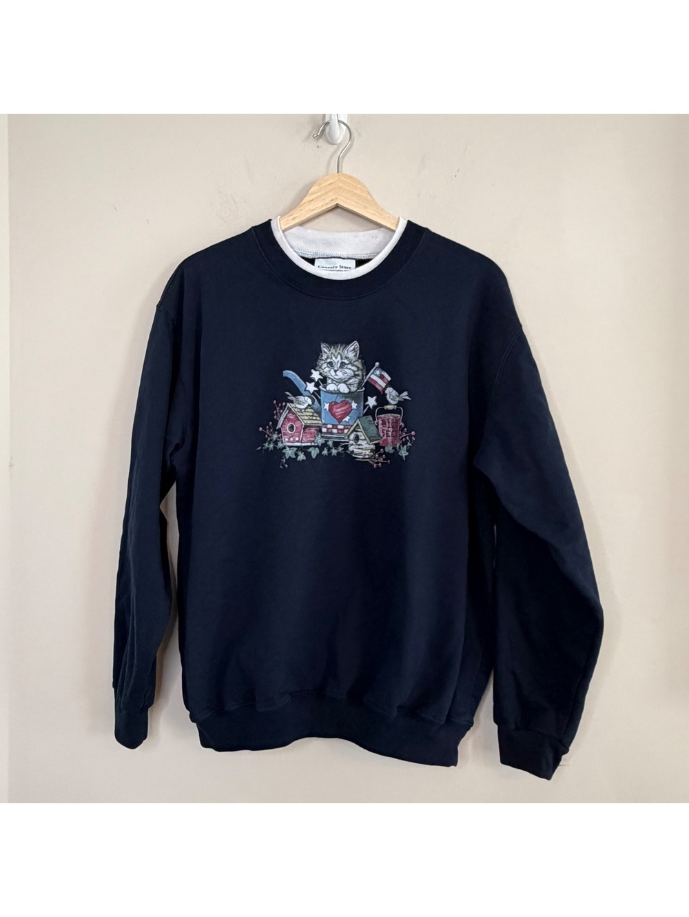 Vintage Americana Cat Sweatshirt Navy Country cottage Patriotic Graphic